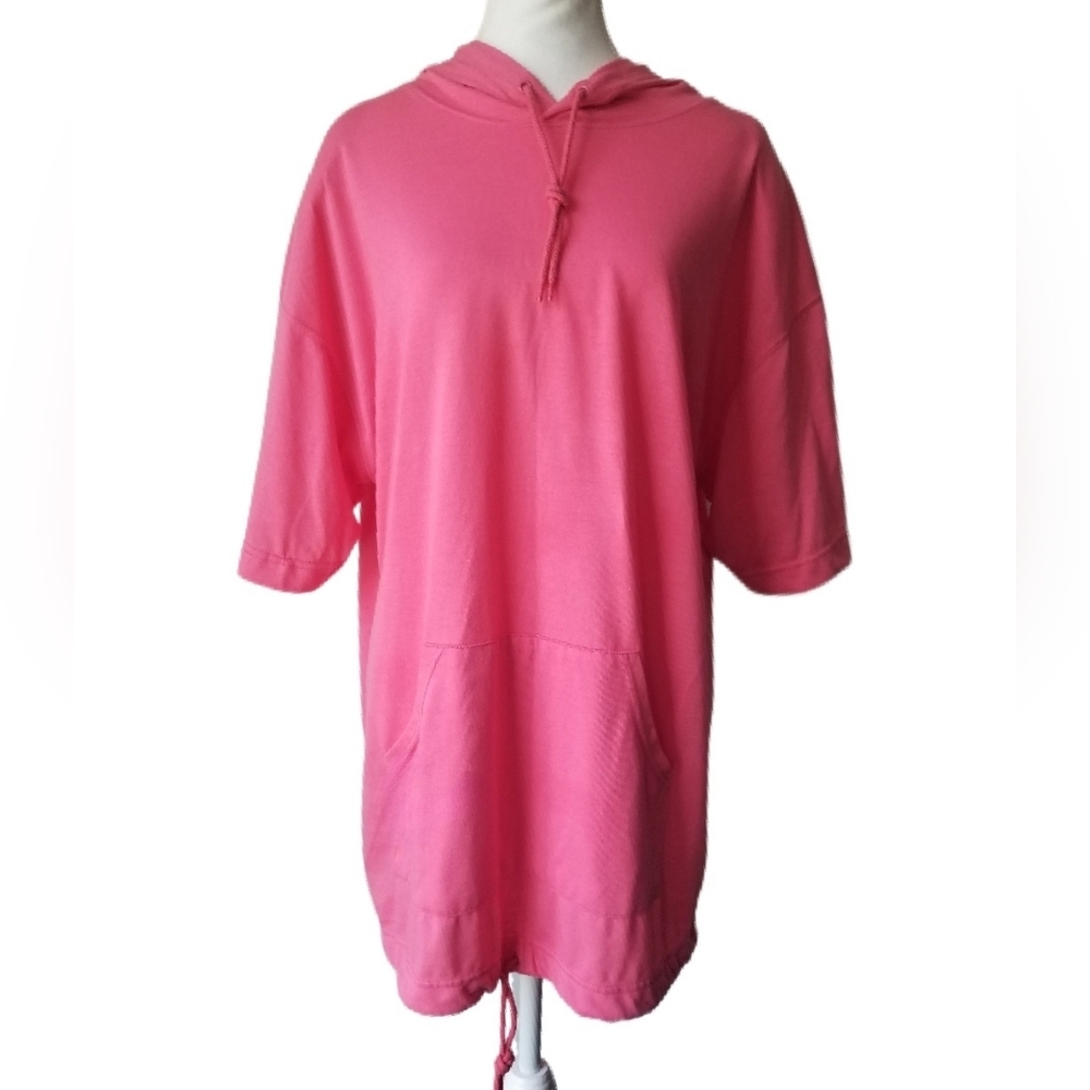 Women's Short Sleeve Front Pocket Hooded  Drawstring Lightweight T-shirt-  Large
